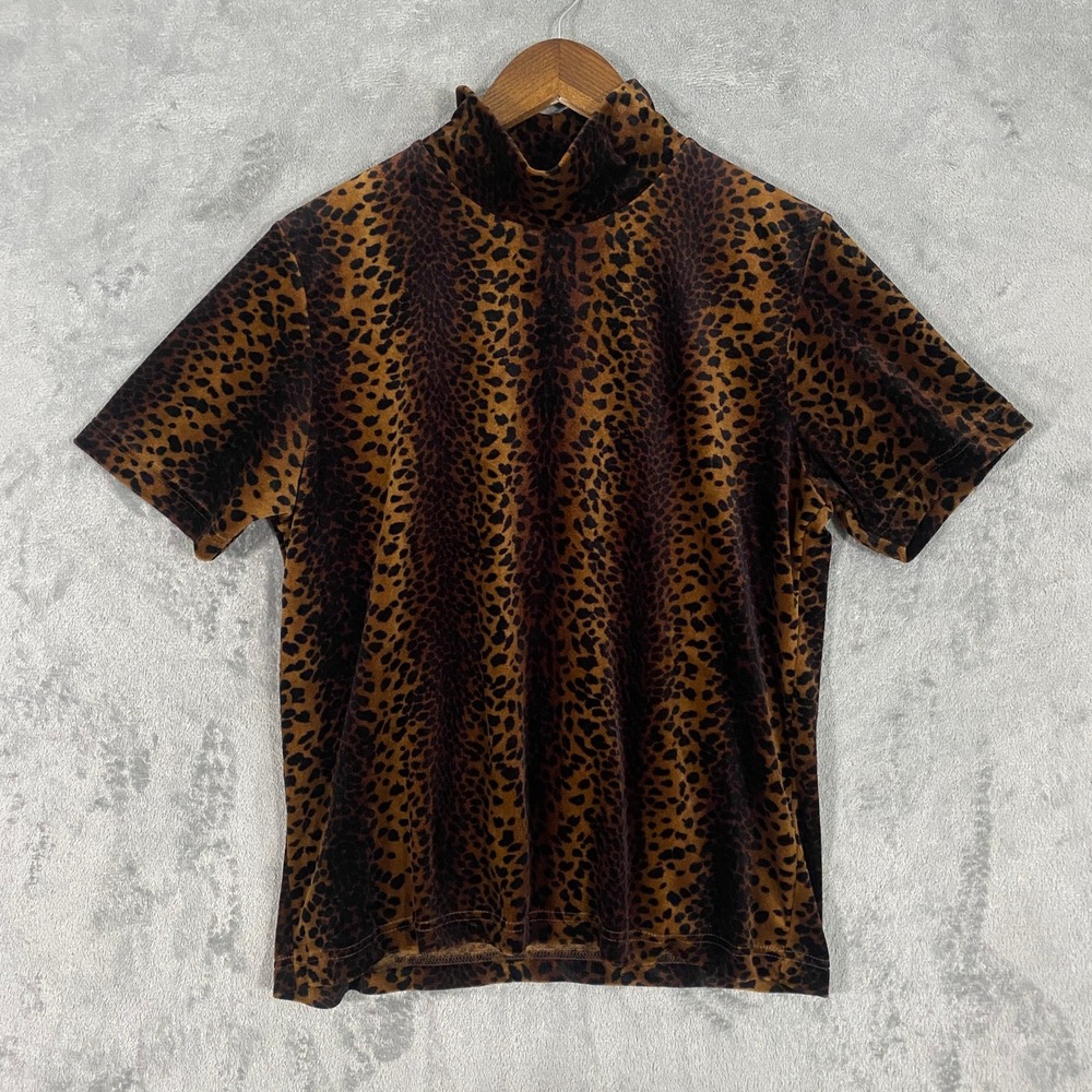 Moving Bleu Top Women M Brown Leopard Print Mock Neck Short Sleeve Velvet Velour